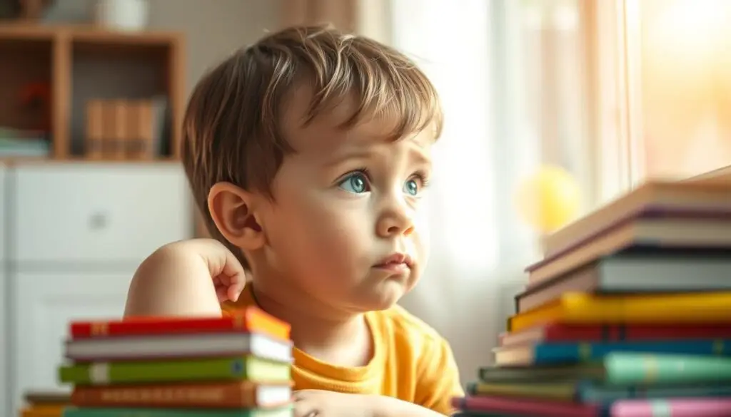 A young child, thoughtfully gazing out a window, their expression reflecting a mix of uncertainty and anticipation. The room is bathed in warm, natural light, creating a pensive atmosphere. In the foreground, a stack of colorful books and educational toys, hinting at the child's academic journey. The background blurs softly, drawing the viewer's focus to the child's contemplative face, capturing the essence of the decision to delay school readiness.