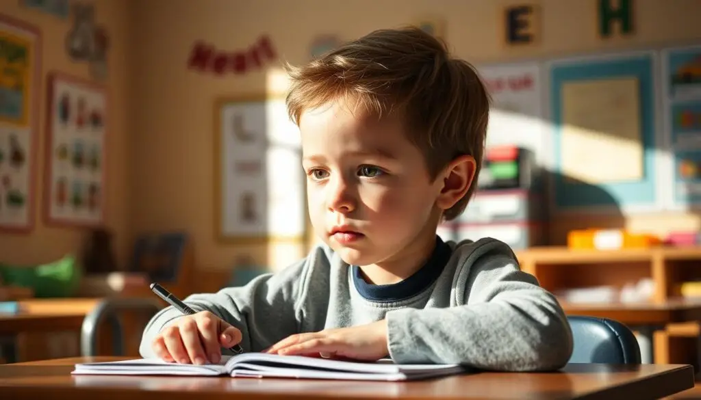 A young child with mild intellectual disability sits at a desk, concentrating intently on their schoolwork. Soft, natural lighting illuminates the scene, casting gentle shadows and highlighting the student's determined expression. The background is a warm, cozy classroom setting, with educational posters and supplies visible, creating a welcoming, supportive environment. The child's posture is relaxed yet focused, conveying a sense of engagement and learning. The overall mood is one of patience, encouragement, and the challenges inherent in tailoring education to meet the unique needs of each student.