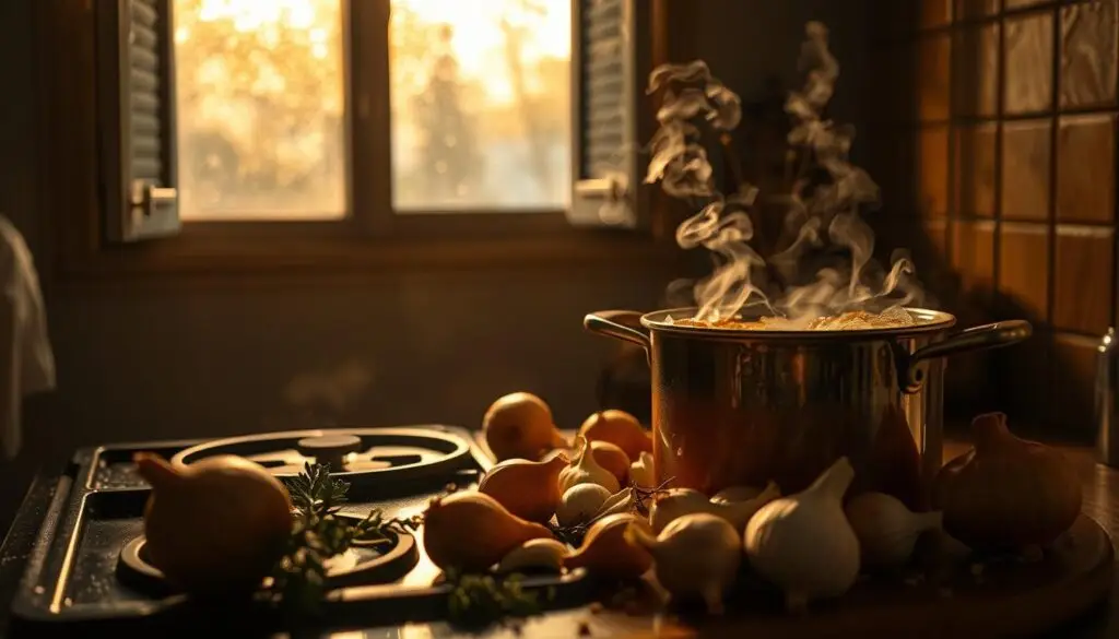 Detailed still life scene of the causes of an unpleasant duck broth aroma. In the foreground, a boiling pot of broth on a stovetop, with wisps of steam rising. In the middle ground, various aromatic ingredients like onions, garlic, and herbs scattered around the pot. In the background, a slightly opened window reveals a dimly lit, rainy autumn evening outside. The lighting is a warm, golden hue, casting dramatic shadows. The overall mood is one of contemplation, as if examining the reasons for the undesirable scent. Realistic textures, muted color palette, and a shallow depth of field to focus the viewer's attention.