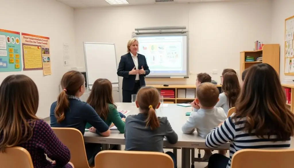 Dyrektor przedszkola podczas prowadzenia rady pedagogicznej
