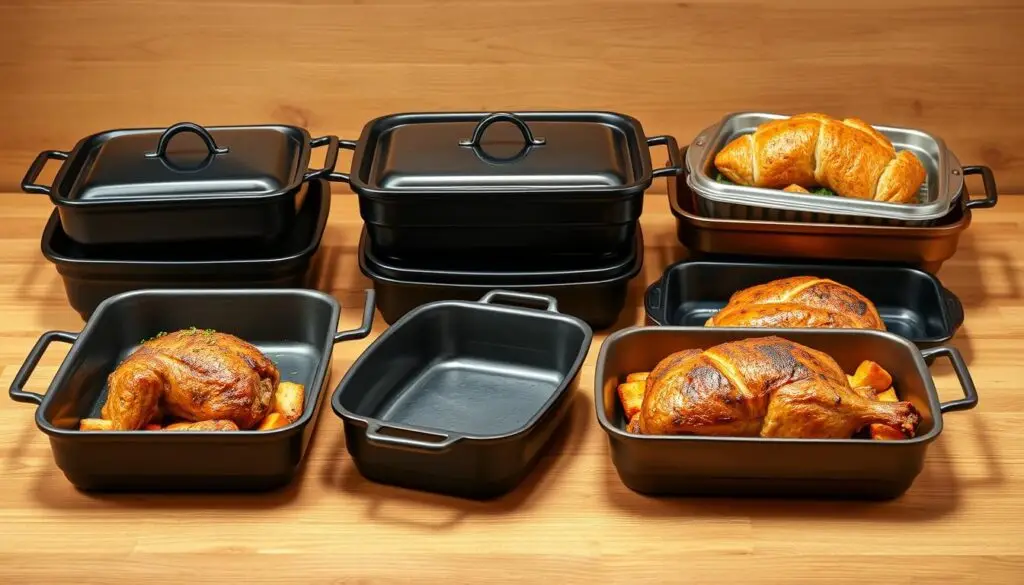 High-quality baking dishes in various sizes, shapes, and materials arranged on a wooden surface. The dishes have a sleek, modern design with matte black or brushed metallic finishes, suitable for roasting and baking meats, vegetables, or delicate pastries. The arrangement showcases the versatility and functionality of these heat-resistant cookware items, creating an appetizing and visually appealing scene. Warm, indirect lighting from above casts subtle shadows, highlighting the textures and forms of the dishes. The overall composition conveys a sense of culinary preparation and the anticipation of a delicious, home-cooked meal.