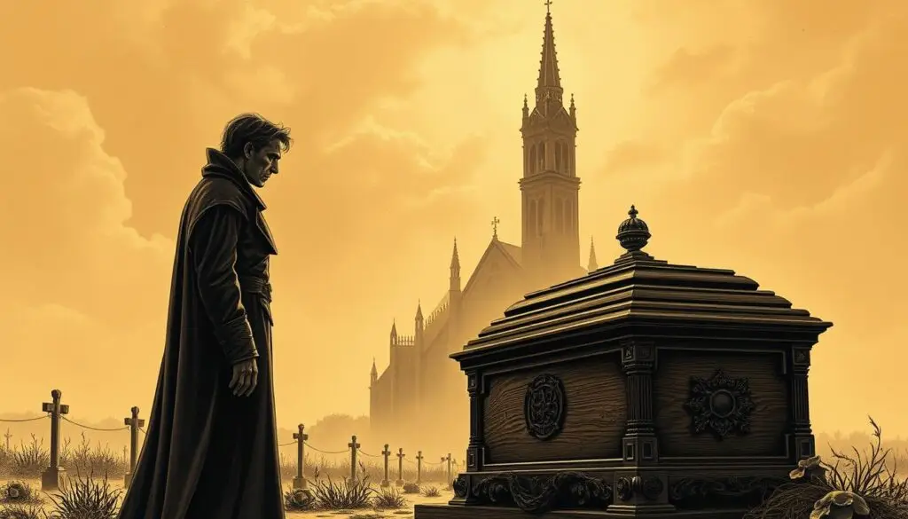 Intricate sepia-toned illustration depicting the superstitions and beliefs surrounding death on a Sunday. In the foreground, a somber figure stands beside an ornate wooden casket, casting a pensive gaze. The middle ground features a dimly lit church, its gothic architecture casting long shadows. In the background, a hazy sky tinged with golden light, suggesting the metaphysical significance of Sunday's passing. Chiaroscuro lighting enhances the eerie, contemplative atmosphere. Textural details, such as aged parchment and vintage printing, evoke the historical weight of these beliefs. The overall composition conveys the deep-rooted cultural and spiritual significance of Sunday's demise. Intricate sepia-toned illustration depicting the superstitions and beliefs surrounding death on a Sunday. In the foreground, a somber figure stands beside an ornate wooden casket, casting a pensive gaze. The middle ground features a dimly lit church, its gothic architecture casting long shadows. In the background, a hazy sky tinged with golden light, suggesting the metaphysical significance of Sunday's passing. Chiaroscuro lighting enhances the eerie, contemplative atmosphere. Textural details, such as aged parchment and vintage printing, evoke the historical weight of these beliefs. The overall composition conveys the deep-rooted cultural and spiritual significance of Sunday's demise.