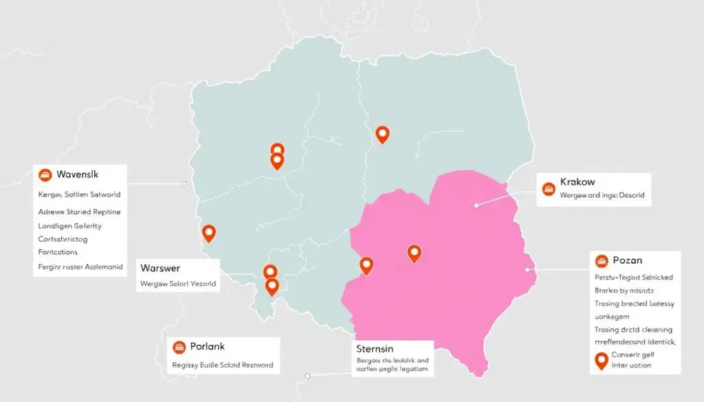 Mapa Polski z zaznaczonymi lokalizacjami szkół Sternik Mapa Polski z zaznaczonymi lokalizacjami szkół Sternik