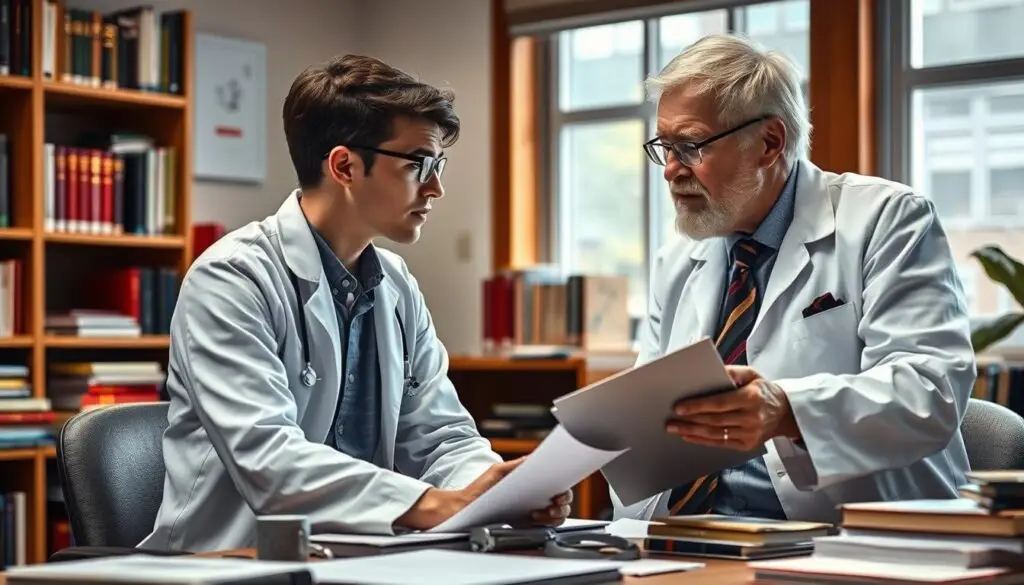 Młody naukowiec konsultujący się z profesorem - pytania o zarobki naukowców