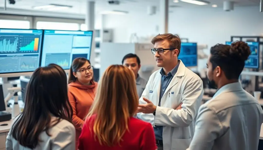 Naukowiec prezentujący wyniki badań zespołowi - perspektywy kariery naukowej i zarobków naukowców