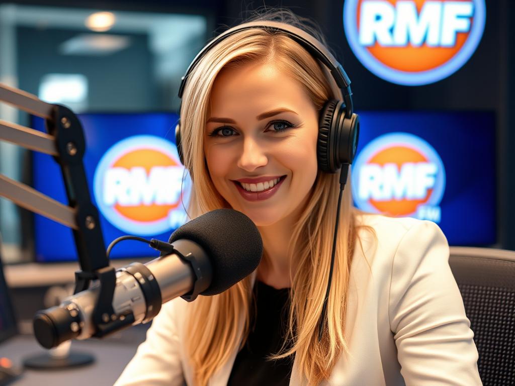 Ola Filipek w studiu RMF FM podczas prowadzenia audycji radiowej