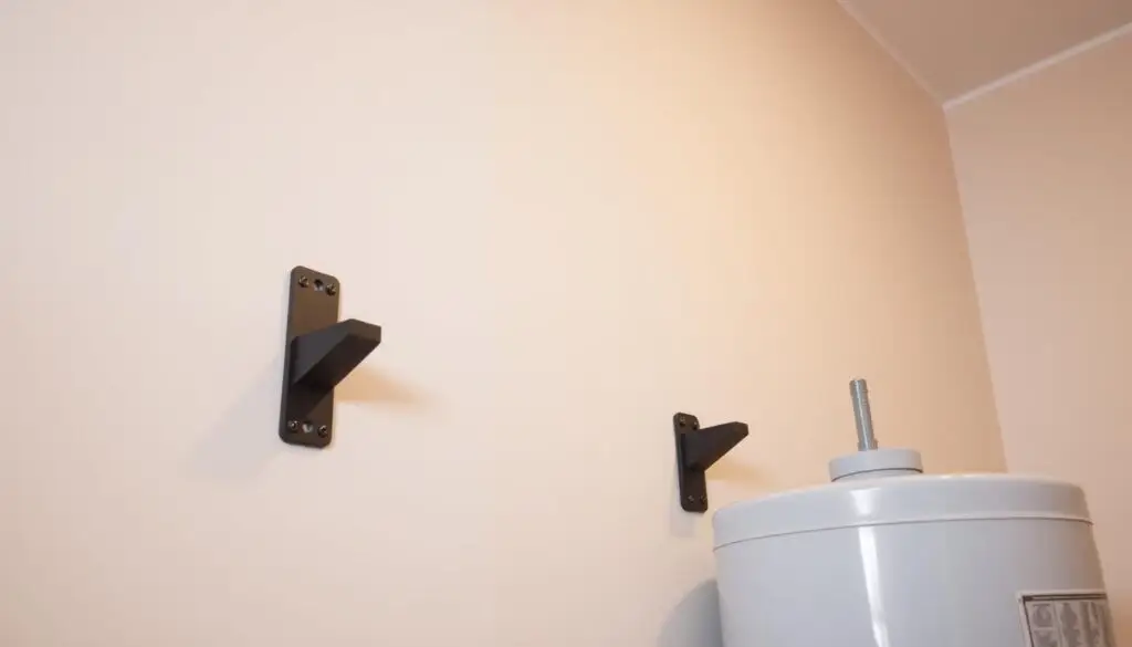 Prepare the wall for a horizontal water heater installation. A clean, smooth surface with properly installed brackets and anchors. Soft, even lighting illuminates the work area, casting subtle shadows that accentuate the textures of the drywall and mounting hardware. The scene conveys a sense of precision and care, essential for a professional, long-lasting installation.