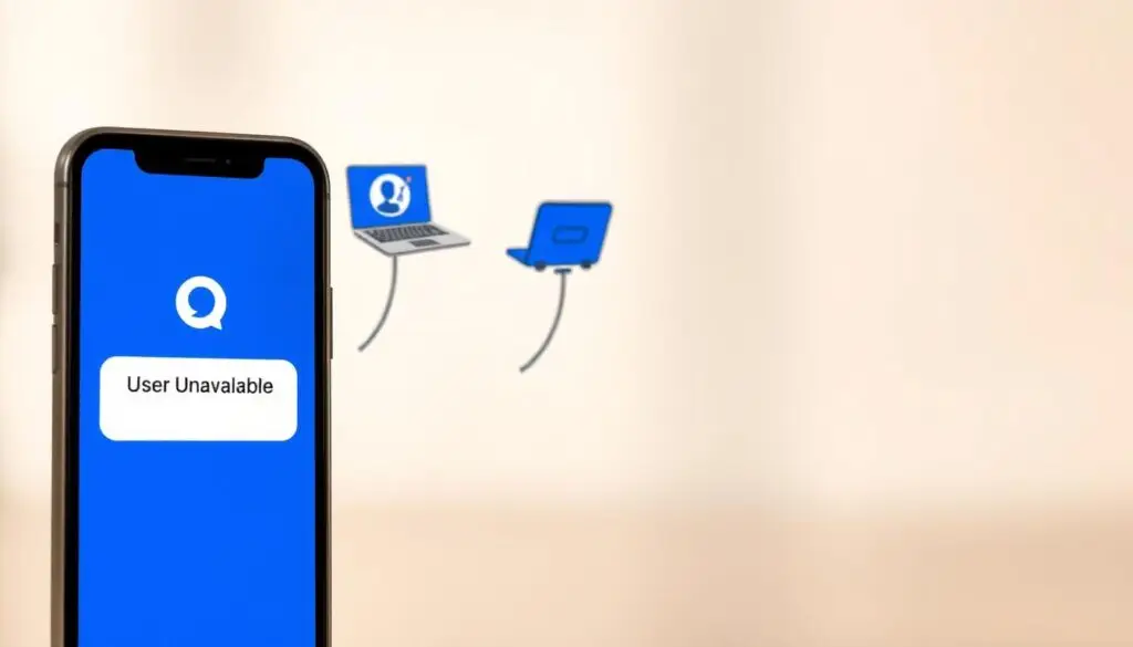 Prompt A detailed illustration depicting the possible reasons for a user's unavailability on Messenger. In the foreground, a mobile phone screen shows the "user unavailable" status with a neutral expression. In the middle ground, various potential causes are visually represented, such as a laptop with a "do not disturb" icon, a person sleeping, and a person traveling with a suitcase. The background is softly blurred, evoking a sense of digital communication and connectivity. The overall scene conveys a thoughtful, informative mood with a touch of minimalism, allowing the viewer to focus on the key factors contributing to a user's unavailability.