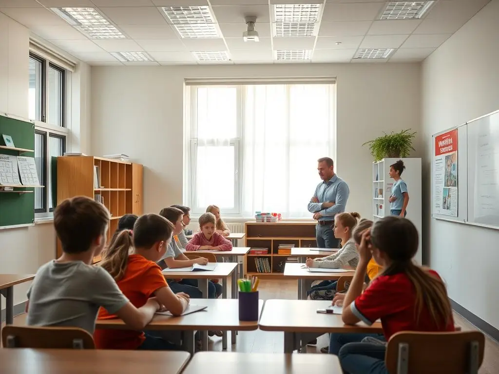 Sala lekcyjna w szkole Sternik z uczniami i nauczycielem Sala lekcyjna w szkole Sternik z uczniami i nauczycielem