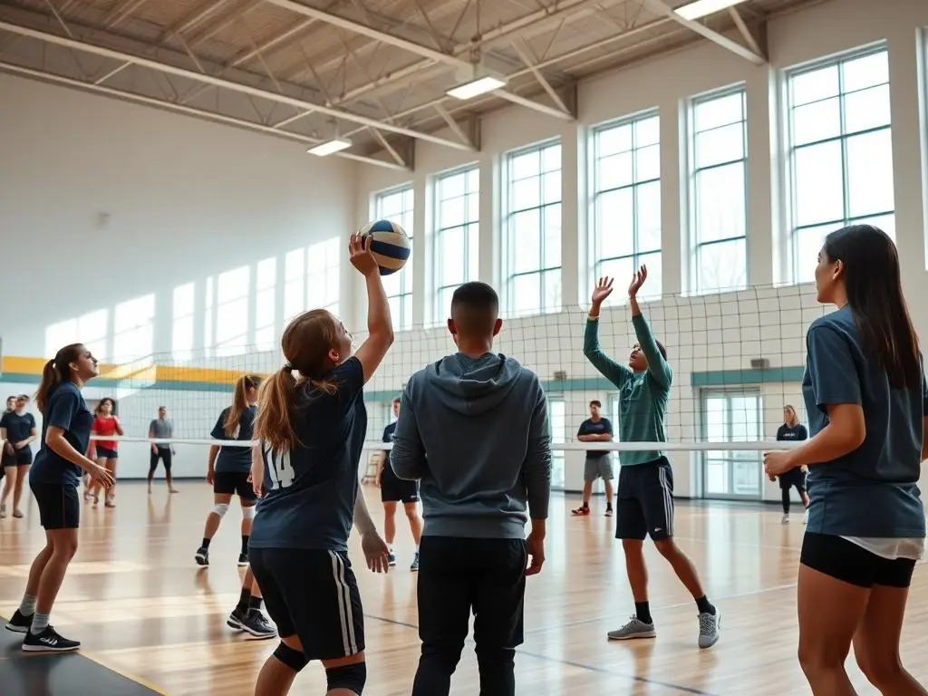 Studenci grający w siatkówkę podczas zajęć WF na studiach