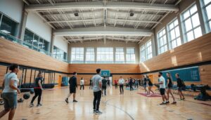 Studenci podczas zajęć WF na studiach w sali gimnastycznej