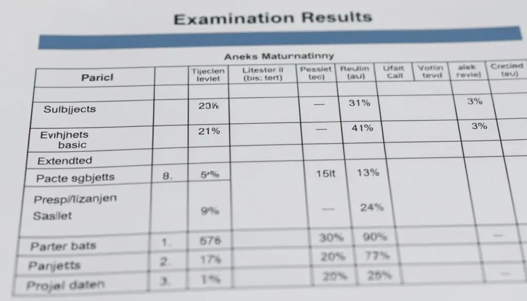 Tabela z wynikami egzaminów w aneksie maturalnym