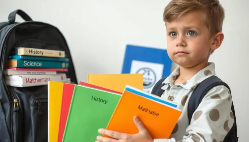 Uczeń 4 klasy przygotowujący się do lekcji z nowymi przedmiotami