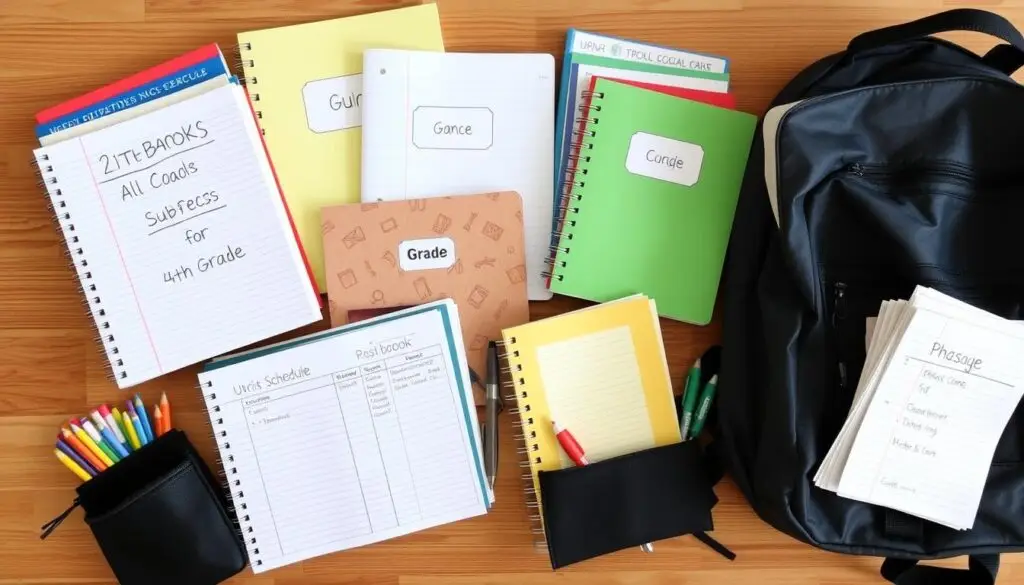 Uczeń przygotowany do nowych przedmiotów w 4 klasie - książki, zeszyty i przybory szkolne