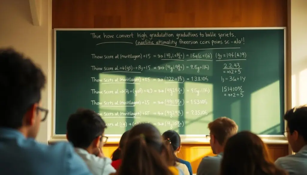A brightly lit classroom setting, with a chalkboard or whiteboard prominently featured in the middle ground. On the board, a detailed step-by-step calculation of how to convert high school graduation test (matura) scores into university admission points, with clear equations and numerical examples. In the foreground, a group of students intently studying the board, their expressions focused and determined. The background is softly blurred, suggesting a sense of concentration and academic atmosphere. Warm, natural lighting casts a welcoming glow, creating a sense of diligence and scholarly pursuit.