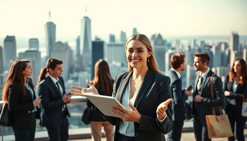 A bustling city skyline, with towering skyscrapers and a diverse array of buildings, serves as the backdrop for a group of young professionals in business attire, engaged in lively discussions and networking. In the foreground, a woman with a confident posture and a warm smile stands out, holding a tablet and gesturing animatedly, showcasing her expertise in geography-related fields. The lighting is soft and natural, creating a sense of professionalism and opportunity. The scene conveys the dynamic career possibilities available to geography graduates, where their specialized knowledge can be applied in various urban development, environmental management, and consultancy roles.