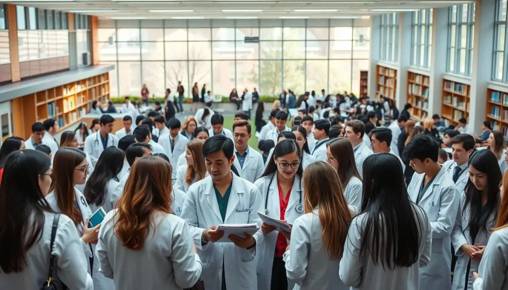 A bustling university campus, students in white coats huddle together, exchanging notes and discussing medical cases. The foreground is filled with their animated gestures and lively interactions, capturing the energy and camaraderie of the medical program. In the middle ground, lecture halls and laboratories come into view, hinting at the rigorous academic demands. The background paints a picture of the wider university experience, with students relaxing in the campus gardens or gathered in the library, immersed in their studies. Natural lighting filters through the windows, casting a warm, contemplative glow over the scene. The overall atmosphere conveys the challenges, triumphs, and sense of purpose that defines the medical student's journey.