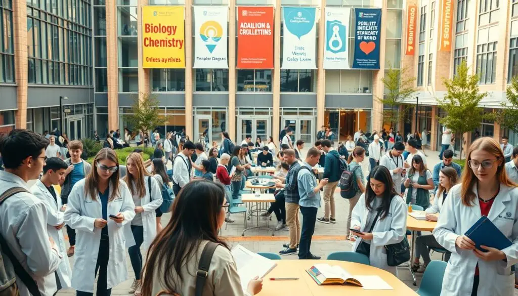 A bustling university campus with a diverse array of students gathered around a central courtyard. In the foreground, several young adults in lab coats and safety goggles, engaged in lively discussions and examining scientific equipment. In the middle ground, a group of students perusing academic materials and studying intently at tables. The background features a modern, glass-fronted academic building with banners displaying popular degree programs, including biology, chemistry, and interdisciplinary fields. The scene is bathed in warm, natural lighting, conveying a sense of intellectual vibrancy and academic exploration.