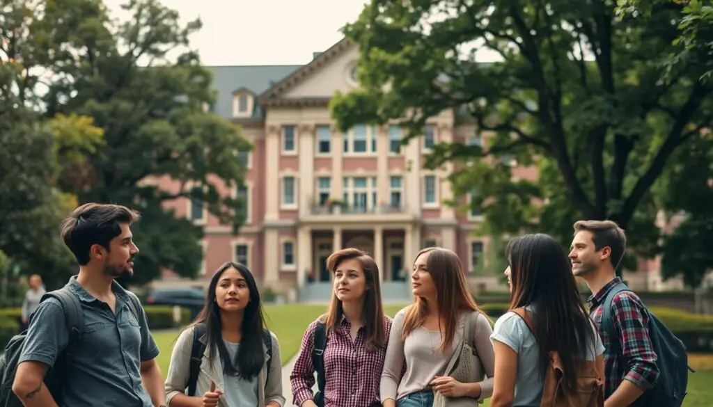 A classic university campus scene, with a majestic neo-gothic administration building in the background, surrounded by trees and lush greenery. In the foreground, a group of students in casual attire are engaged in discussion, their expressions contemplative as they ponder the impact of their studies on their future retirement prospects. The lighting is soft and diffused, creating a warm, intellectual atmosphere. The composition is balanced, drawing the viewer's eye to the central group of students, while the imposing administrative building serves as a symbolic representation of the educational system and its connection to pension eligibility.