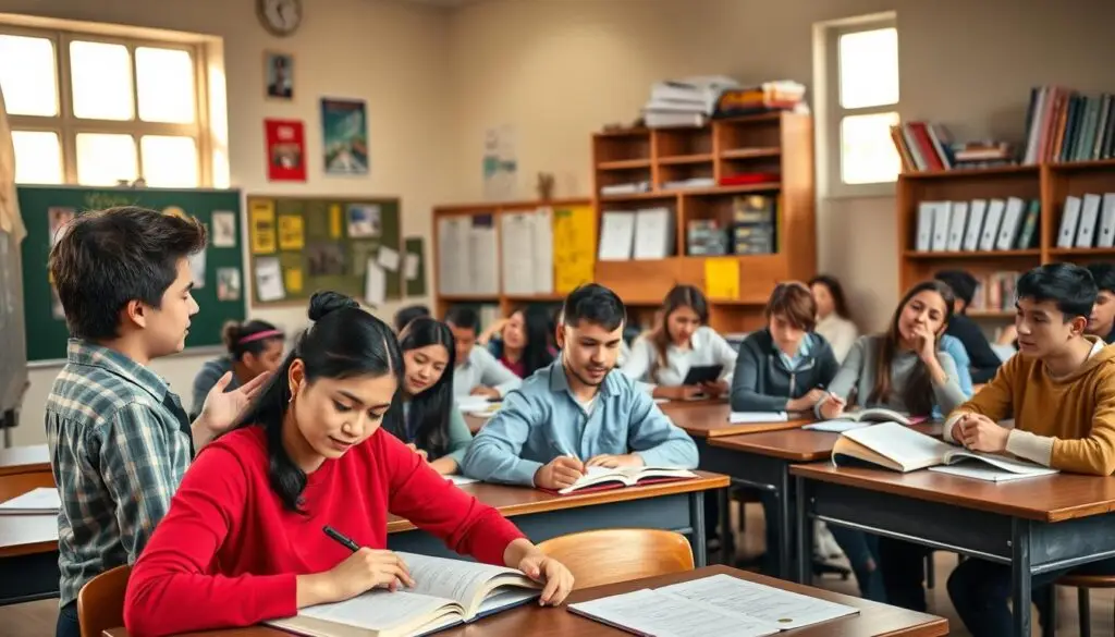 A classroom in a vocational high school, with students at their desks, studying diligently. The room is filled with the warm glow of natural light streaming through the windows, casting a cozy atmosphere. In the foreground, a teacher stands at the chalkboard, explaining a lesson with a patient expression. The students, a diverse group of young adults, are engaged and focused, their textbooks and notebooks open before them. The background features educational posters, shelves filled with reference materials, and a sense of order and structure that reflects the academic environment. The overall scene conveys the experience of learning a trade or skill in a traditional vocational school setting.