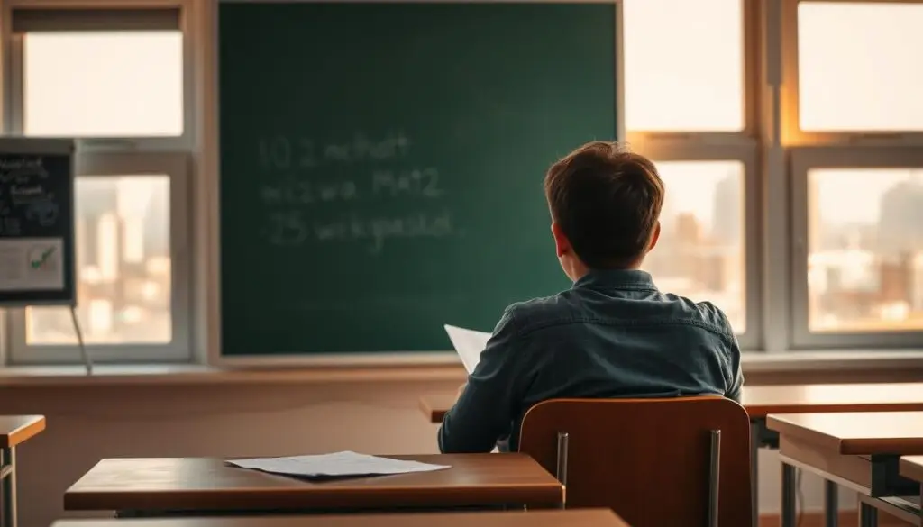 A classroom setting with a desk, chair, and chalkboard in the foreground. In the middle ground, a student sitting at the desk, intently focused on their exam papers. The background features a window overlooking a cityscape, bathed in a warm, golden light. The atmosphere conveys a sense of diligence and determination, as the student contemplates the possibility of retaking their math exam. The image should capture the essence of the section title, "Poprawa matury - ile razy można zdawać?", without any explicit text or captions.