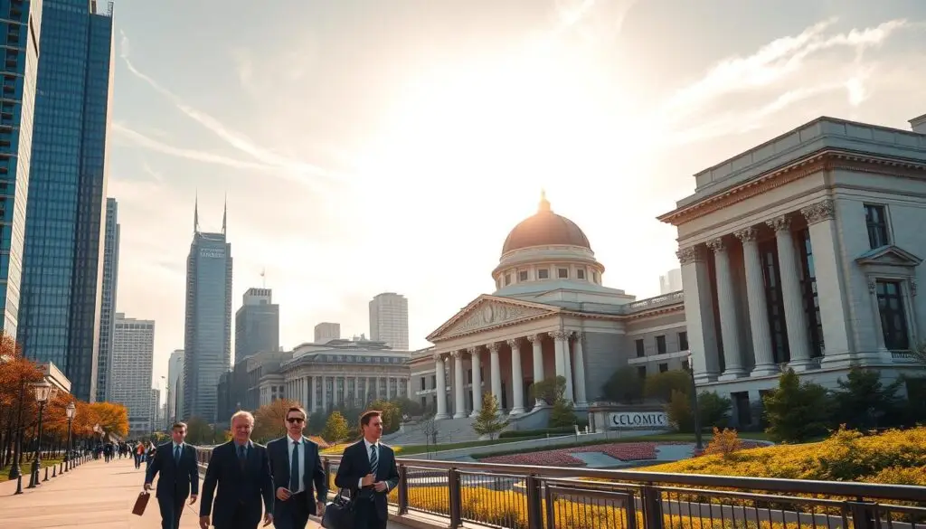 A contemporary financial district skyline with modern high-rise office buildings and sleek corporate headquarters. In the foreground, well-dressed business professionals in suits and briefcases stride purposefully along a bustling sidewalk. The middle ground features a prestigious university campus with grand neo-classical architecture, symbolizing the academic foundation for careers in economics and finance. The background showcases a vibrant cityscape with a mix of commercial and residential structures, suggesting the diverse opportunities available within the realm of economics. Warm, golden sunlight filters through wispy clouds, creating an atmosphere of prosperity and opportunity. A sense of dynamism, innovation, and growth permeates the scene.