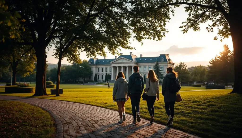A cozy university campus setting, with a stately academic building in the background, surrounded by lush greenery and a scenic skyline. In the foreground, a group of students stroll along a cobblestone path, deep in discussion, their body language conveying a sense of intellectual curiosity and engagement. Soft, warm lighting filters through the trees, casting a gentle glow over the scene. The atmosphere is one of scholarly pursuit, contemplation, and the pursuit of higher education. The image captures the essence of the "studia licencjackie" - the undergraduate university experience, where young minds embark on their journey of academic growth and discovery.