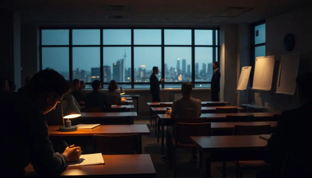 A dimly lit university classroom with rows of desks and chairs, reflecting the serene ambiance of evening part-time studies. In the foreground, a single student diligently taking notes, illuminated by the soft glow of a desk lamp. The middle ground features a lecturer standing by a whiteboard, explaining concepts to a small group of attentive part-time learners. The background showcases a window overlooking a city skyline, hinting at the flexible nature of part-time doctoral programs. The scene conveys a sense of focus, dedication, and the distinct characteristics of part-time postgraduate education.