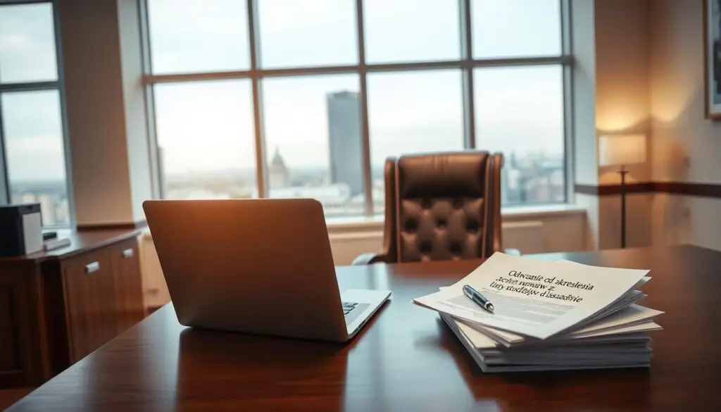 A formal, professional office interior with a large desk and a wooden chair. On the desk, a laptop, a pen, and a stack of documents titled "Odwołanie od skreślenia z listy studentów - uzasadnienie". The room is well-lit, with a large window overlooking a cityscape in the background. The lighting casts a warm, focused glow on the desk, creating a sense of diligence and attention to detail. The overall atmosphere is one of thoughtful contemplation and the importance of the decision-making process.