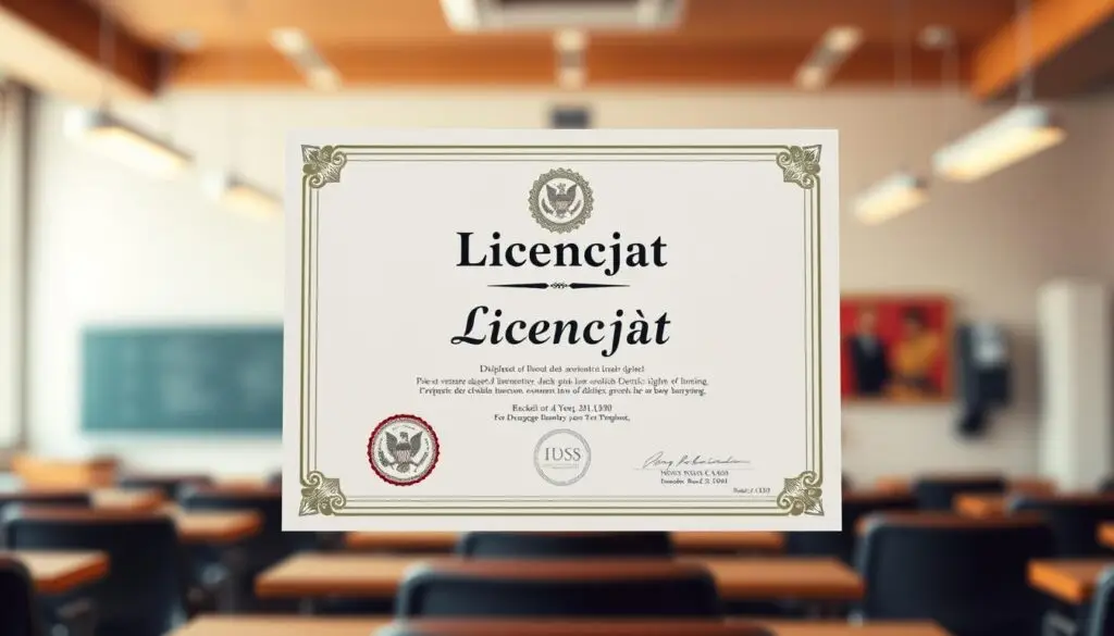 A highly detailed, photorealistic illustration of a university diploma certificate against a blurred background of a classroom or lecture hall. The certificate should be prominently featured in the center, with clean lines, a formal design, and clear text stating "Licencjat" to represent the bachelor's degree level of higher education. The background should convey a sense of academic setting, with subtle hints of desks, chairs, or other university iconography. Soft, warm lighting should illuminate the certificate, giving it a sense of importance and authority. The overall composition should be well-balanced, with a clear focal point on the diploma and a harmonious integration of the foreground and background elements.