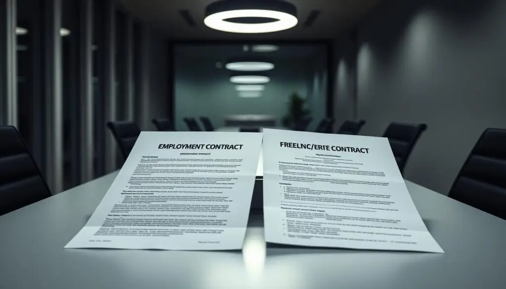 A modern office interior, with a sleek desk featuring two different types of employment contracts - a traditional employment contract and a freelance/service contract. The contracts are laid out side-by-side, inviting the viewer to compare and contrast the documents. Soft, indirect lighting illuminates the scene, creating a pensive and contemplative atmosphere. The overall composition emphasizes the decision-making process faced by a student, weighing the pros and cons of the employment options. The image should convey a sense of professionalism, while also highlighting the nuanced considerations a student must navigate when choosing between a traditional job or a freelance position.