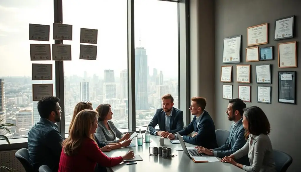 A modern office setting with a large window overlooking a bustling city skyline. In the foreground, a diverse group of professionals - some in casual attire, others in suits - are engaged in lively discussion around a conference table. On the walls, certificates and diplomas from various vocational training programs and online courses are prominently displayed, highlighting the value of non-traditional educational paths. Soft, warm lighting filters in, creating an atmosphere of productivity and innovation. The overall tone conveys the idea that informal education and professional certifications can serve as empowering alternatives to conventional university degrees.
