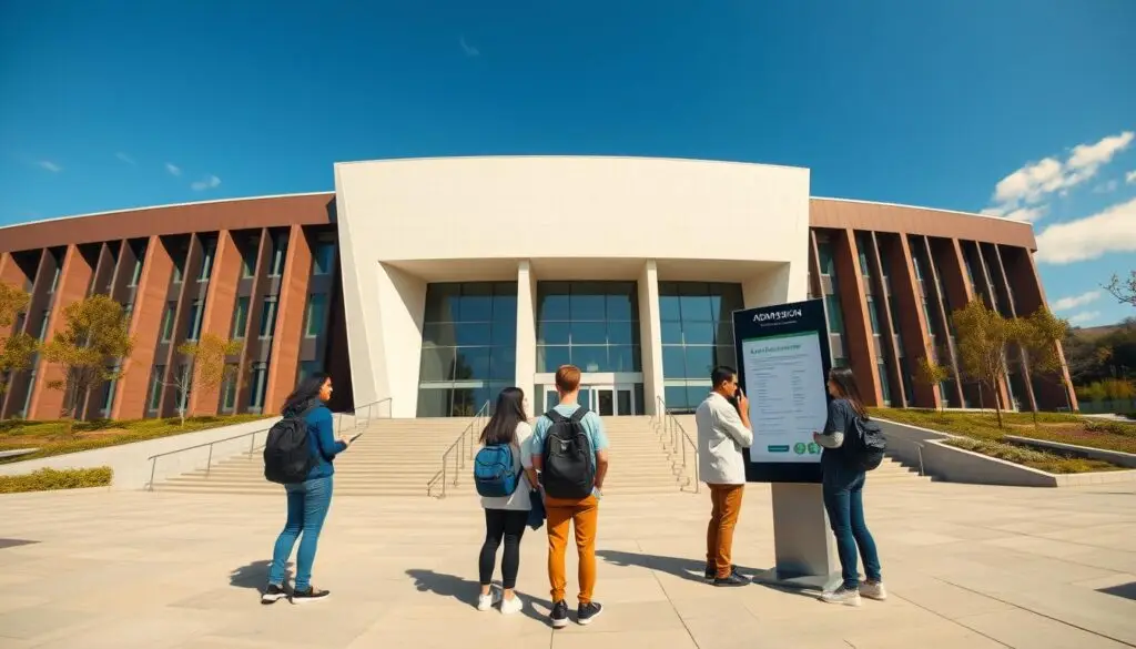 A modern university building with a sleek, angular design, set against a backdrop of a cloudless blue sky. In the foreground, a group of prospective students standing outside the entrance, carefully examining the admission requirements displayed on a digital kiosk. The lighting is bright and natural, creating a sense of openness and possibility. The angle is slightly elevated, providing a panoramic view of the scene, conveying a sense of scale and grandeur. The overall mood is one of anticipation and opportunity, as the students consider their path to a fulfilling medical education.