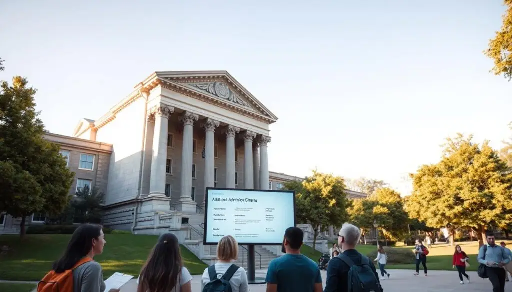 A modern university campus on a sunny day, with a large stone building in the foreground, its grand facade adorned with columns and intricate architectural details. In the middle ground, a group of prospective students gather, reviewing papers and discussing the additional admission criteria displayed on a sleek digital screen. The background features a lush, tree-lined quad, with students strolling and chatting. Warm, diffused lighting casts a welcoming glow over the scene, evoking a sense of academic diligence and the excitement of the admissions process.