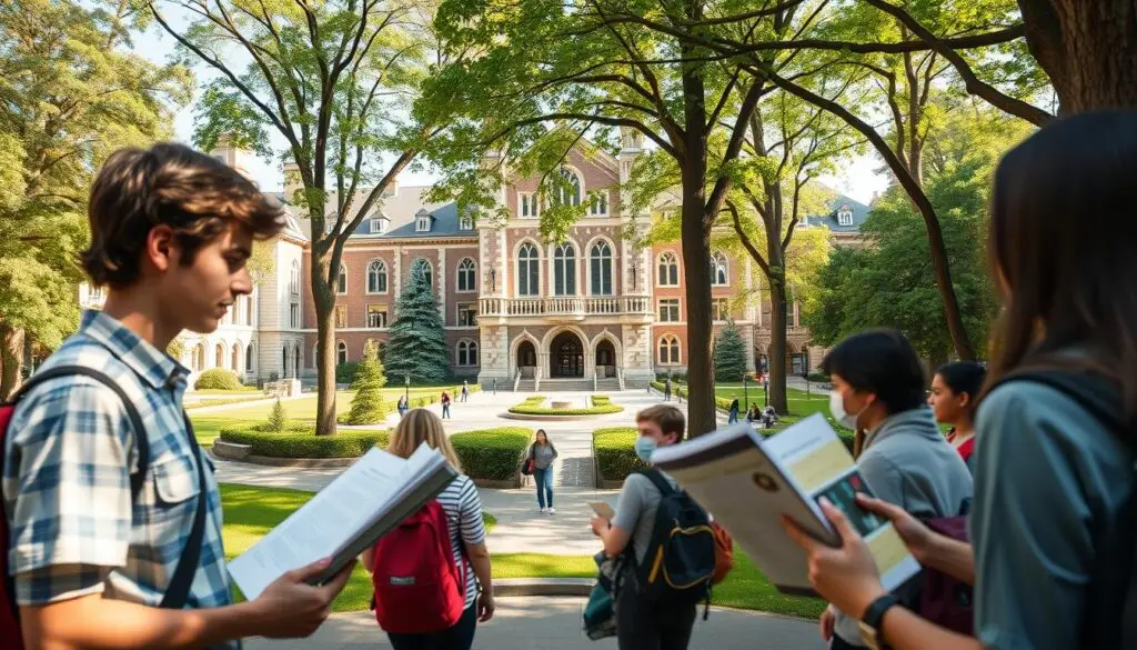 A modern university campus with a focus on higher education options after advanced English studies. In the foreground, prospective students deliberate over course catalogs and brochures, weighing their options. The middle ground features an imposing collegiate gothic-style building with ornate architecture, surrounded by lush greenery and walkways. Sunlight filters through the trees, creating a warm, contemplative atmosphere. In the background, other campus landmarks and facilities are visible, suggesting a thriving academic community. The scene conveys the careful, thoughtful process of selecting the right university program after excelling in English.