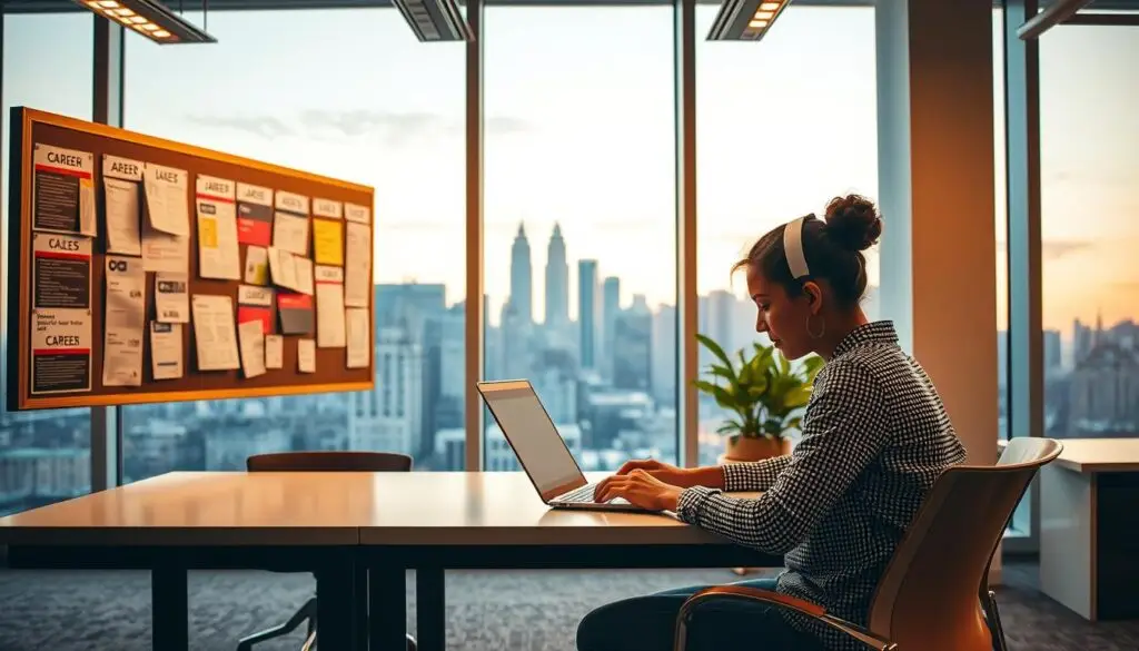A modern, well-lit office interior with a student sitting at a desk, intently searching for job opportunities on a laptop. The middle ground features a bulletin board with various job postings and career resources. The background showcases a city skyline visible through large windows, conveying a sense of urban opportunity. The overall atmosphere is one of focus, determination, and the anticipation of finding the right career path as a student. The lighting is warm and natural, creating a welcoming and productive environment.
