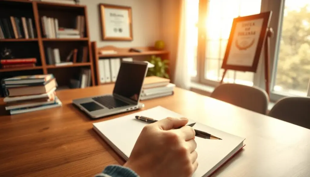 A neatly organized desk, illuminated by warm, natural light filtering through a large window. Atop the desk, a laptop, a stack of books, and a pen resting on a blank notebook, symbolizing the process of thoughtful consideration. In the foreground, a hand holding a pen, poised to articulate compelling arguments for a school appeal. The background features a bookshelf, a symbol of knowledge and academic prowess, with a framed diploma or certificate prominently displayed, emphasizing the student's academic achievements. The overall scene conveys a sense of focus, determination, and the careful crafting of a persuasive appeal.