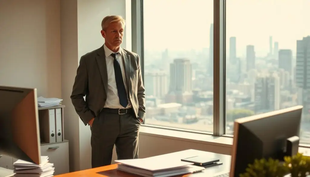 A pensive middle-aged individual, dressed in professional attire, stands in a sunlit office setting, contemplating the intricacies of how their higher education may factor into their retirement years. The foreground features a desk with a computer and stacks of documents, symbolizing the administrative tasks associated with navigating pension calculations. The middle ground showcases a window overlooking a bustling city skyline, suggesting the broader societal context. Warm, diffused lighting casts a contemplative mood, inviting the viewer to ponder the complexities of aligning one's educational investments with long-term financial security.