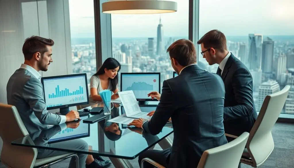 A professional, well-lit scene depicting a modern office environment with a group of smartly dressed financial analysts deeply engaged in their work. The foreground features a team of young, ambitious individuals gathered around a glass conference table, poring over financial reports and data visualizations displayed on sleek monitors. In the middle ground, an elegant, minimalist decor with muted tones and clean lines creates a sense of sophistication. The background showcases a panoramic view of a vibrant city skyline, suggesting the high-stakes, dynamic nature of the finance industry. The overall mood is one of focus, productivity, and the promise of a rewarding, well-paid career path for those with a strong background in mathematics and physics.