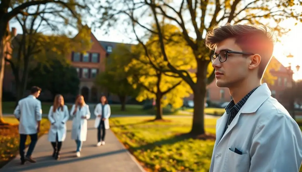 A serene medical school campus nestled in the heart of Germany, with a group of students in white coats walking along a tree-lined path, deep in discussion. The sun casts a warm glow, illuminating the stately brick buildings in the background. In the foreground, a young adult male student stands contemplatively, representing the typical age of graduation from German medical studies. The scene conveys a sense of academic achievement, intellectual rigor, and the tranquil atmosphere of a prestigious institution.