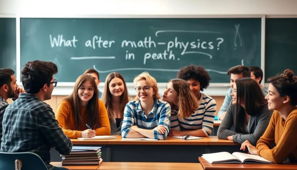 A serene, well-lit classroom setting with a chalkboard in the background displaying the text "What after math-physics? Educational paths in pedagogy". In the foreground, a group of diverse students engaged in lively discussion, each with their own unique expression and body language, conveying the sense of exploration and discovery that comes with pursuing a career in the field of pedagogy. The middle ground features a desk with educational resources, such as books and teaching materials, hinting at the breadth of knowledge and skills required for this profession. The overall mood is one of intellectual curiosity and the promise of a fulfilling career path.