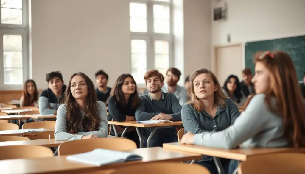 A serene, well-lit classroom setting, with rows of desks and chairs, and a chalkboard at the front. Soft, natural lighting filters through large windows, casting a warm glow over the space. In the foreground, a group of young adults, some sitting, others standing, engaged in thoughtful discussion. Their expressions convey a mix of anticipation and determination, as they navigate the process of preparing for their high school graduation exam, the matura. The background is slightly blurred, but suggests a sense of academic institution and the passage of time. The overall atmosphere is one of focus, reflection, and the excitement of a new chapter unfolding.