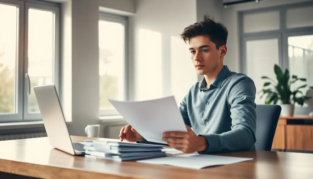 A serene, well-lit office scene depicting a young adult student reviewing documents related to social security contributions (ZUS) after their 26th birthday. The student is seated at a modern, minimalist desk, surrounded by a neat stack of papers, a laptop, and a potted plant. Warm, natural lighting filters in through large windows, creating a contemplative atmosphere. The room's neutral color palette of grays, whites, and wood tones evokes professionalism and practicality. The student's expression is focused yet pensive, reflecting the importance of understanding their changing financial and insurance obligations as they transition out of student status.