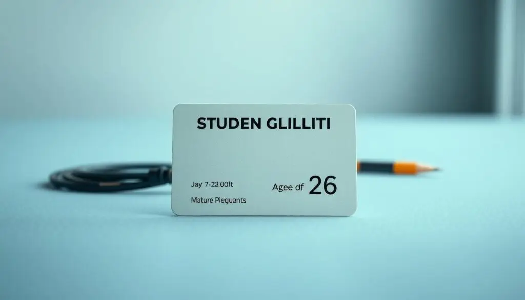 A student ID card with discounts after the age of 26, shot in a clean, professional style. The card is centered in the frame, with a soft, even lighting that highlights the details. The background is slightly blurred, keeping the focus on the card. The card's surface has a subtle, matte finish, and the text is clear and legible. The composition conveys a sense of legitimacy and authority, reflecting the subject's mature student status. The overall atmosphere is one of practical, no-nonsense utility.