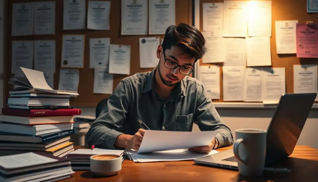 A student sitting at a desk, intently filling out an application form for doctoral studies, surrounded by stacks of books, a laptop, and a cup of coffee. The lighting is warm and focused, casting a slight glow on the documents. In the background, a bulletin board displays various academic certificates and research notes, hinting at the diligence and preparation required for the application process. The mood is one of focused determination, with a sense of gravity and the weight of the decision at hand.