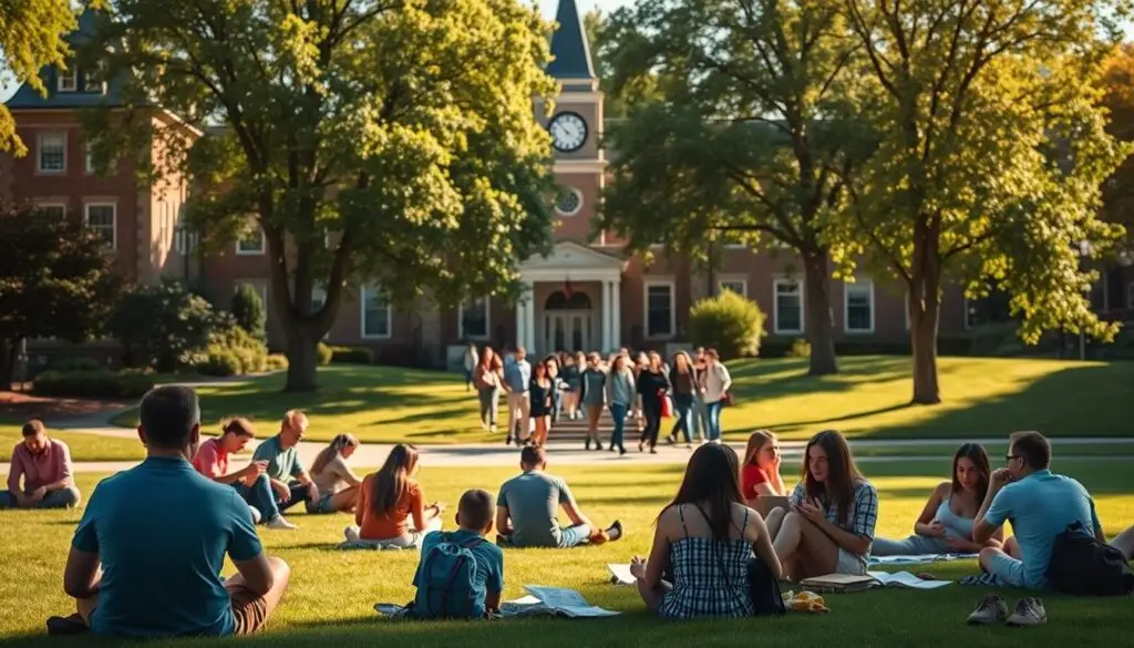 A university campus on a bright, sunny day. In the foreground, students are gathered on the lawn, studying and discussing their coursework. In the middle ground, a group of students is leaving a classroom, signaling the end of the semester. The background features the campus buildings, with a clock tower prominently displayed, indicating the passage of time. The atmosphere is one of relief and anticipation, as the students look forward to the summer break. Soft, natural lighting illuminates the scene, creating a warm and inviting ambiance. The composition emphasizes the transition from academic work to a well-deserved rest, capturing the essence of the end of the semester.