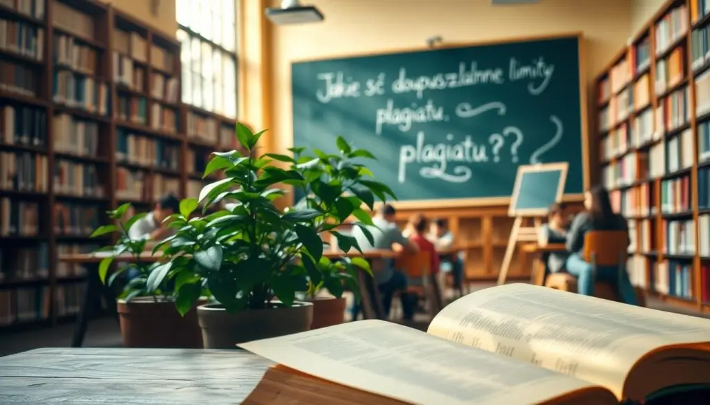 A university campus on a sunny day, with students studying diligently in the library. In the foreground, an open book on a wooden desk, the pages slightly yellowed and worn, symbolizing academic tradition. Behind it, a cluster of potted plants, their lush greenery creating a serene atmosphere. In the middle ground, bookshelves line the walls, their spines neatly aligned, suggesting a well-organized and scholarly environment. Warm, diffused lighting filters through the large windows, casting a soft glow over the scene. In the background, a chalkboard displays the title "Jakie są dopuszczalne limity plagiatu?", prompting contemplation on the acceptable boundaries of academic integrity.