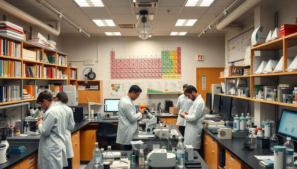 A well-equipped laboratory with modern scientific equipment and instruments. In the foreground, researchers in white lab coats are engaged in various experiments, carefully observing test tubes, pipettes, and microscopes. The middle ground features a large periodic table of elements on the wall, along with colorful charts and diagrams showcasing biological and chemical processes. The background is filled with bookshelves, computer monitors, and other tools of the trade, all bathed in the warm glow of overhead lighting, creating a professional and intellectually stimulating atmosphere. The overall scene conveys the dynamic and multifaceted nature of careers in biology and chemistry.