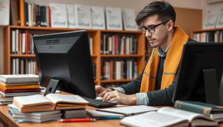 Badania w pracy dyplomowej - student analizujący dane przy komputerze