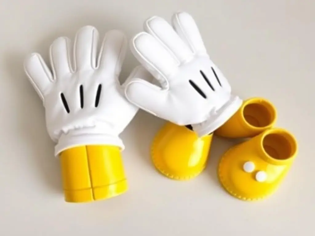 Białe rękawiczki i żółte buty do stroju Myszki Miki